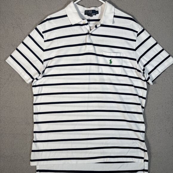Polo By Ralph Lauren Polo Shirt Men’s Size L White Navy Blue Stripes Green Pony - Picture 2 of 12